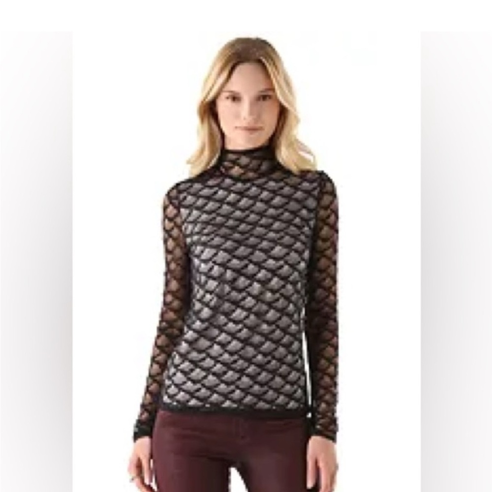 Diane Von Furstenberg Black Fan Lace Sheer Mock Neck Blouse Longsleeve Top 8